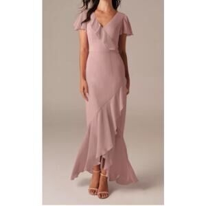 AW BRIDAL 12 L dusty rose pink chiffon Celia bridesmaid gala maxi dress NEW B149